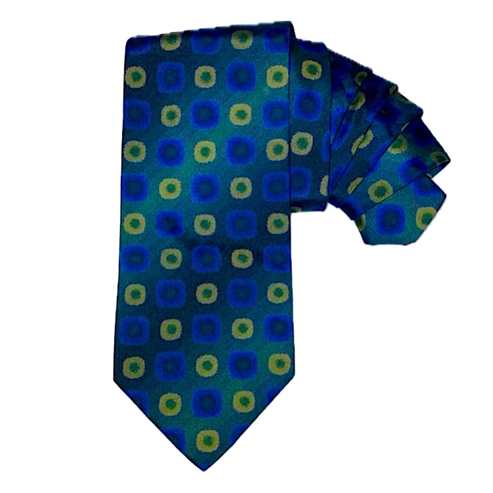 Hugo Boss silk tie, bold circle pattern, blue, yellow, green, 57 1/2”
